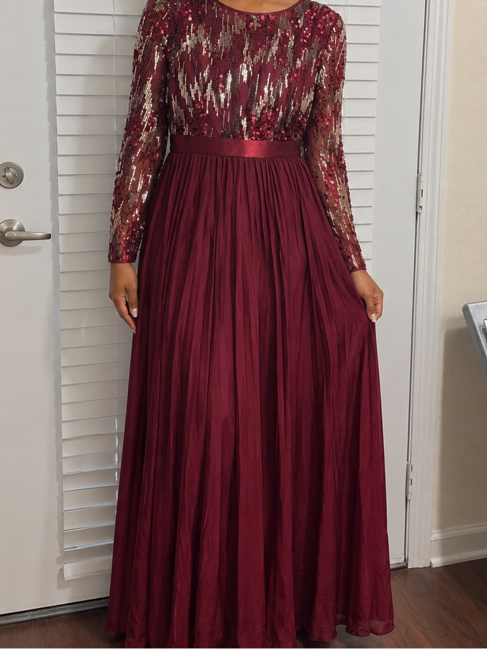 Beginning Boutique Burgundy Sequin Long-Sleeve Gown